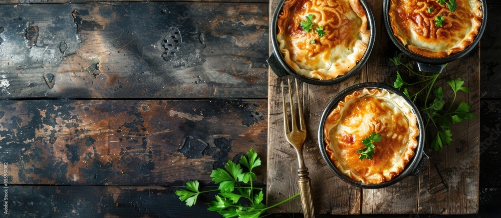 Poster fish pies served in rustic ramekins. copy space image. place for adding text and design