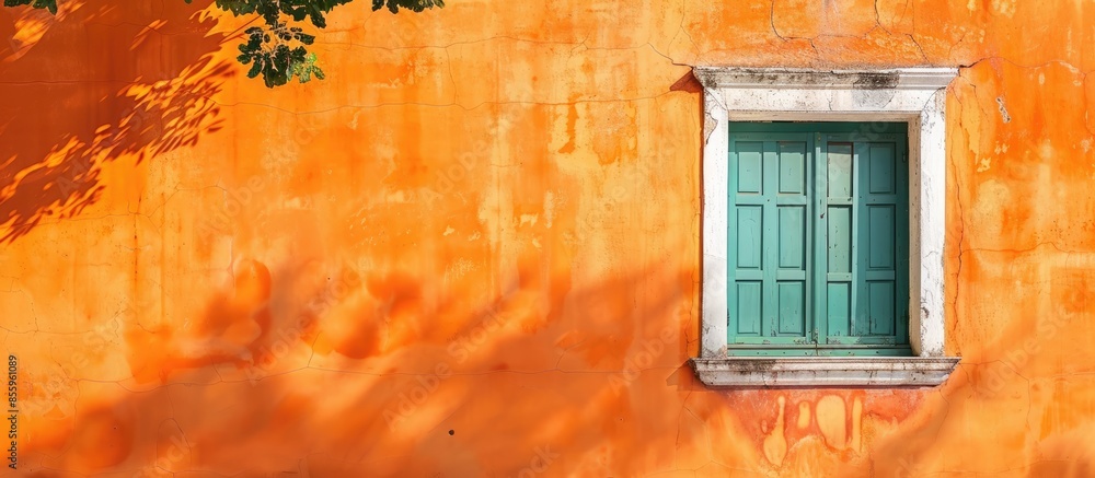 Aufkleber green window with white frame on orange wall in vintage style. copy space image. place for adding te
