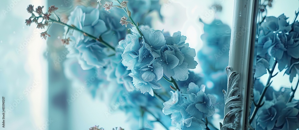 Poster a blue floral arrangement reflecting in mirror. copy space image. place for adding text and design