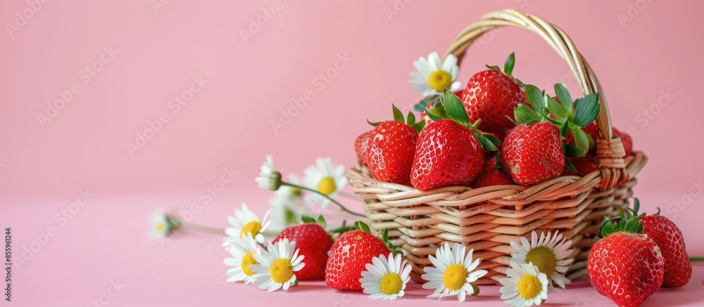 Poster strawberries in basket with camomile flowers on pastel background. copy space image. place for addin
