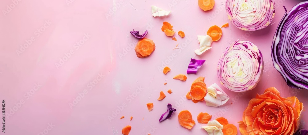 Poster cabbage and carrot sliced in the kitchen are ready to be processed pastel background. copy space ima