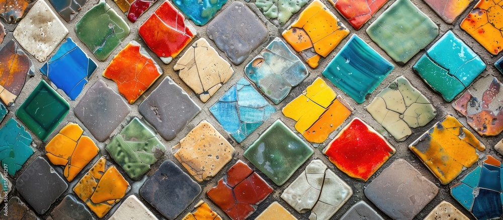 Poster close up of colorful tiles mosaic spread out . copy space image. place for adding text and design