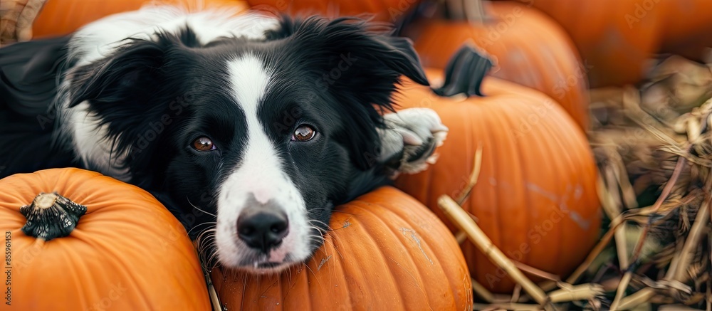 Poster cute border collie dog resting his head on a pumpkin. copy space image. place for adding text and de