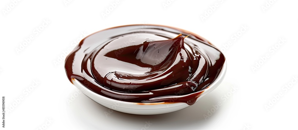 Poster melted chocolate sauce isolated on white background. copy space image. place for adding text and des