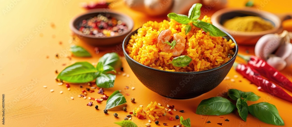 Poster rice box mixed curry paste pastel background food isolated. copy space image. place for adding text 