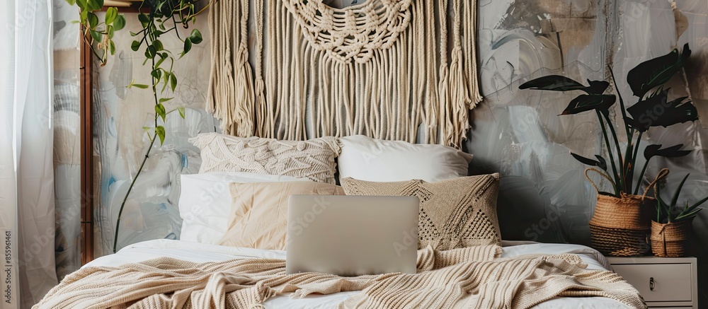 Aufkleber macrame hanging over bed with laptop in bedroom. copy space image. place for adding text and design