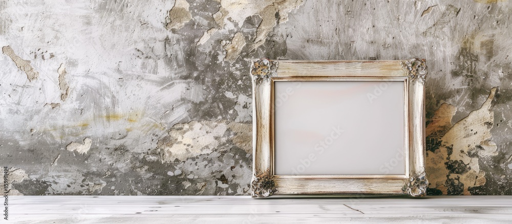 Poster photo frame on old white table. copy space image. place for adding text and design