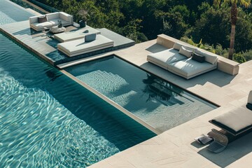 Obraz premium The luxury home's poolside area, designed with contemporary aesthetics, provides a perfect blend of modern functionality and timeless elegance