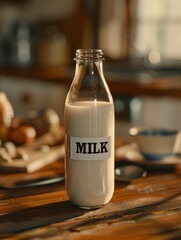 A glass bottle of milk labeled 'milk' on a wooden kitchen table.