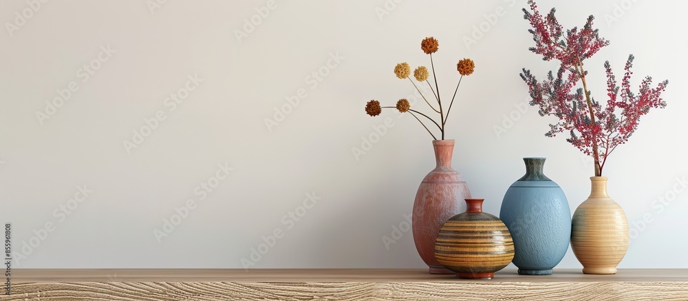 Poster decorative vases on wooden shelf on white wallpaper background. copy space image. place for adding t
