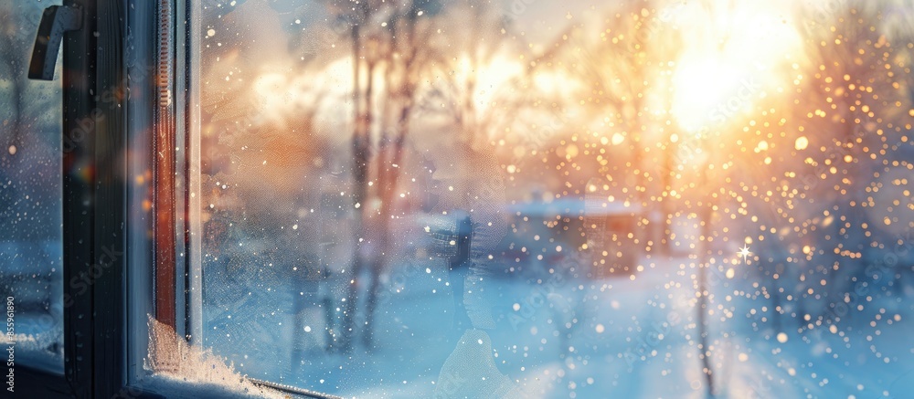 Poster winter frozen window. modern living window with snow. copy space image. place for adding text and de