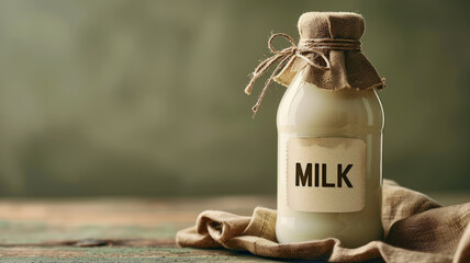 Glass milk bottle with burlap cover on rustic table