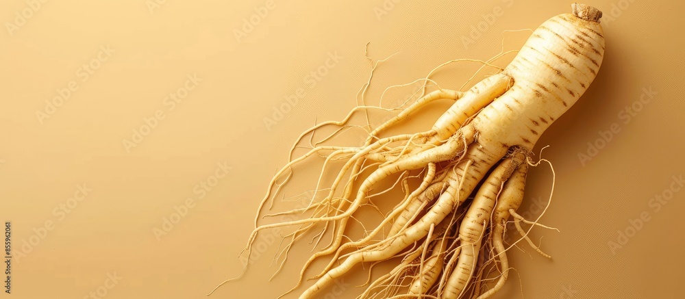 Poster closeup ginseng root ,isolate on pastel background vitality. copy space image. place for adding text