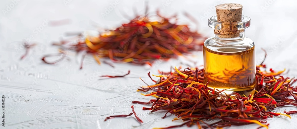 Poster dried saffron threads in a glass bottle and oil extract on a white background. copy space image. pla