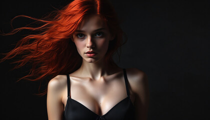 Naklejka premium Woman with waving hair on black background. Girl with fiery red hair. Waving red hair. Ridge-haired woman, dark background. Red hair in the wind. lingerie black bra. Woman in underwear, swimsuit