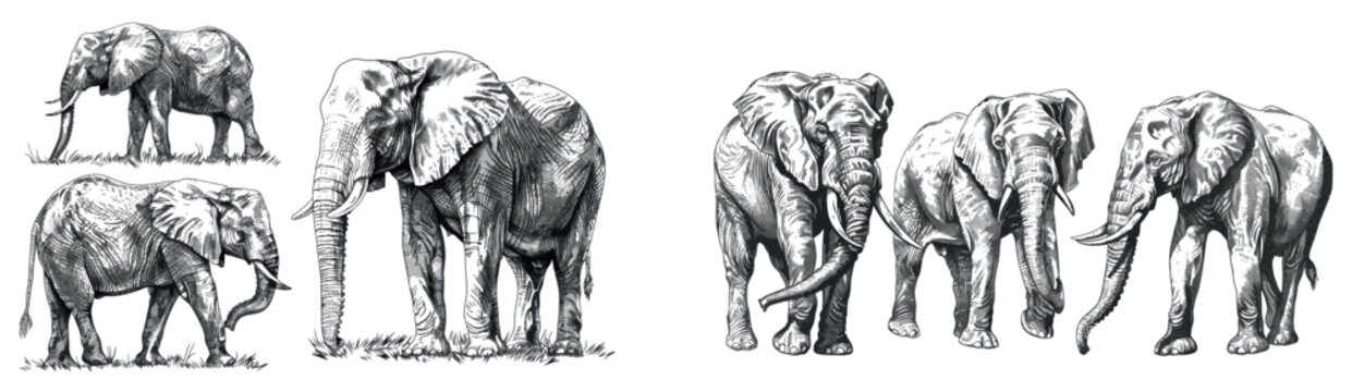 A vintage engraving of an isolated elephant set illustration. A black and white drawing of a silhouette animal.