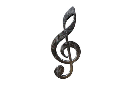 A metallic treble clef symbol on a transparent background, perfect for use in musical projects, designs, and presentations.