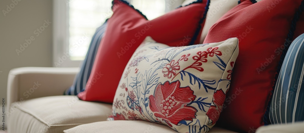 Poster pillows on a sofa . copy space image. place for adding text and design