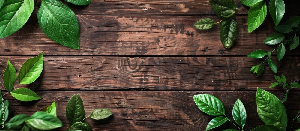 Poster green leaves on the wooden table. copy space image. place for adding text and design