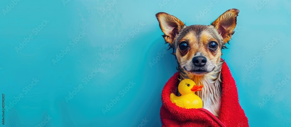 Aufkleber cute dog with red towel and yellow rubber duck ready for bath. copy space image. place for adding te