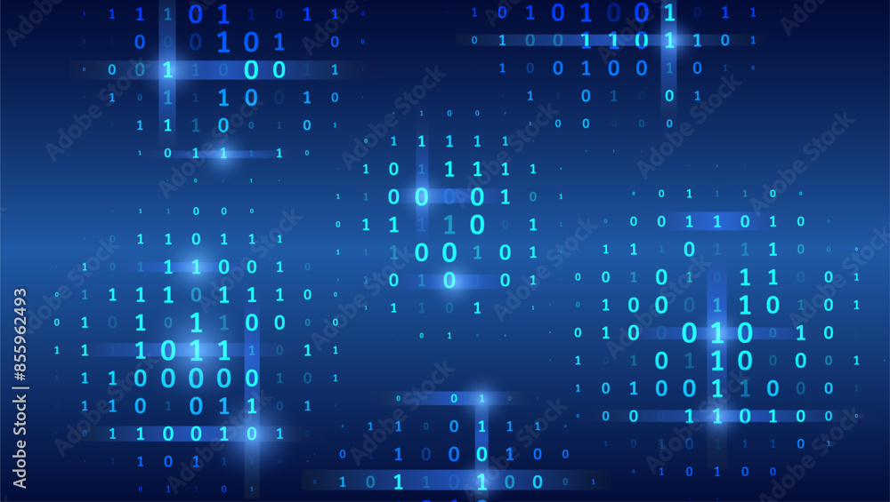 Aufkleber Blue background with data flow. Binary code, artificial intelligence. Program code. Computer background of numbers. Analytics, sorting, structuring, information transfer.