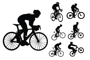 set of cycling silhouette designs, black and white style, editable vector eps 10.
