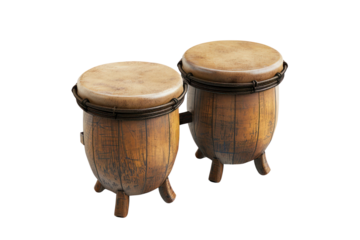 A pair of traditional wooden bongos isolated on a white background. Perfect for music-related themes and cultural concepts.