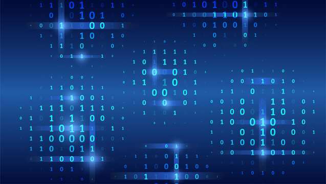 Blue background with data flow. Binary code, artificial intelligence. Program code. Computer background of numbers. Analytics, sorting, structuring, information transfer.