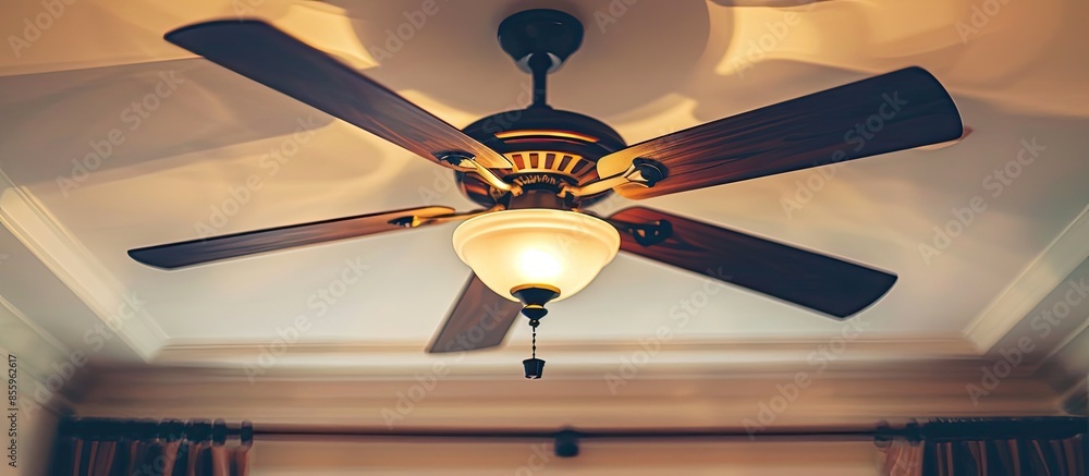 Aufkleber vintage brown ceiling fan with lamp on ceiling in hotel. copy space image. place for adding text and