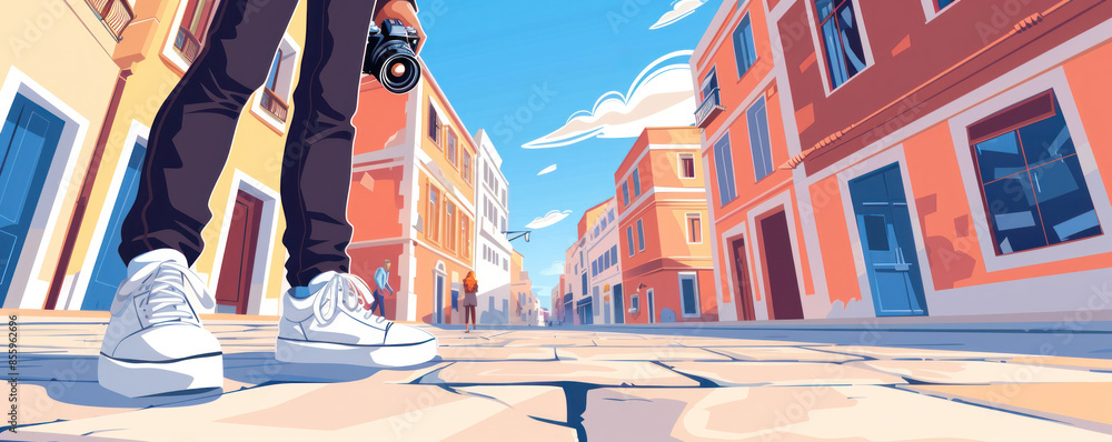 Poster a man is standing on a sidewalk with a camera in his hand. the image is a cartoonish rendering of a 