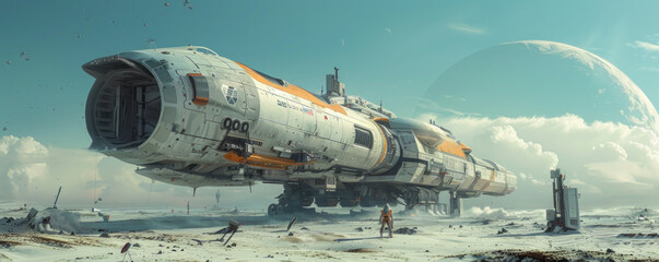 A futuristic spaceship en route to a new world.