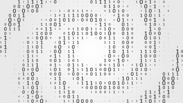 Program code. Computer background of numbers in the form of a spiral. Analytics, sorting, structuring, information transfer. Gray background with a data stream. Binary code, artificial intelligence.