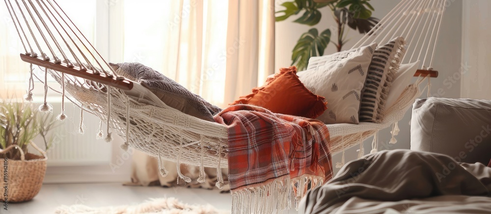 Poster Comfortable hammock with plaid and pillows in stylish interior. Copy space image. Place for adding text and design