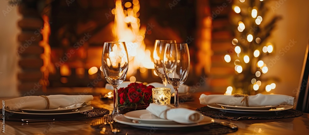 Poster table in front of fireplace served for romantic valentine's day dinner. copy space image. place for 