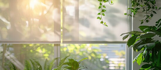 white roller blind in the glass room that protect hot sun and the shadow of hanging ornamental plants. Copy space image. Place for adding text and design