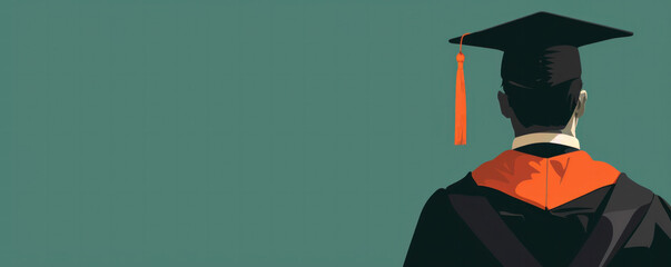 A man in a graduation cap and gown stands in front of a green background. Concept of accomplishment and pride, as the man is likely a graduate about to receive his diploma