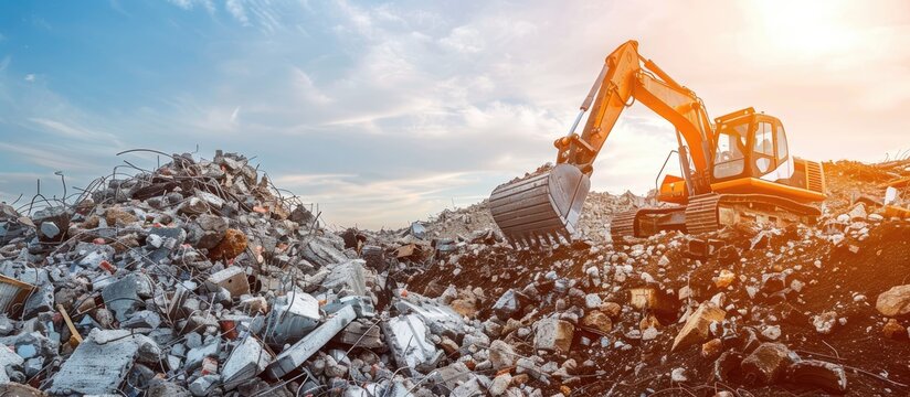 Excavator at landfill the load concrete waste in a mobile jaw crusher machine. Disposal of construction waste. Recycling concrete and asphalt from demolition. Re-use concrete after demolition