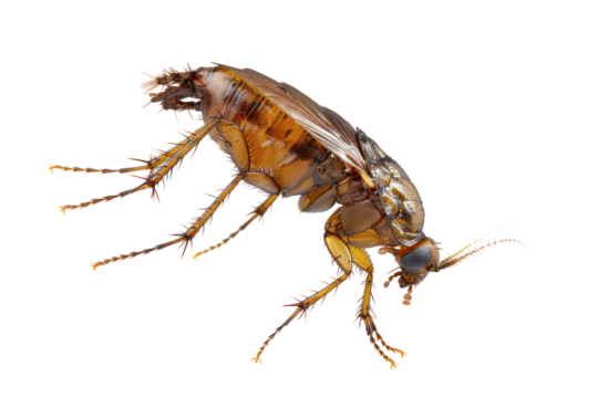 Close-up image of a flea on a white background, showcasing its detailed body structure and legs.