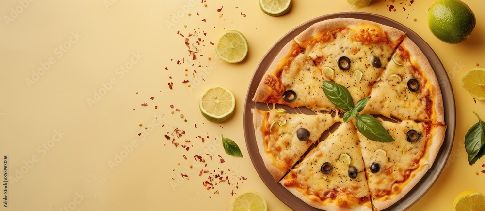 Poster manakish zaatar cheese pizza slice with lime and olive served in dish isolated on table top view of 