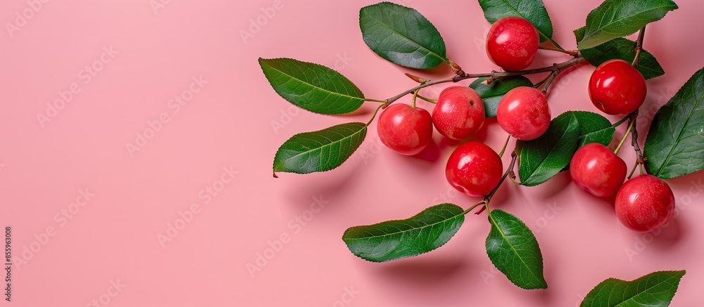 Aufkleber acerola cherry with green leafs isolated on pastel background.with clipping path. copy space image. 