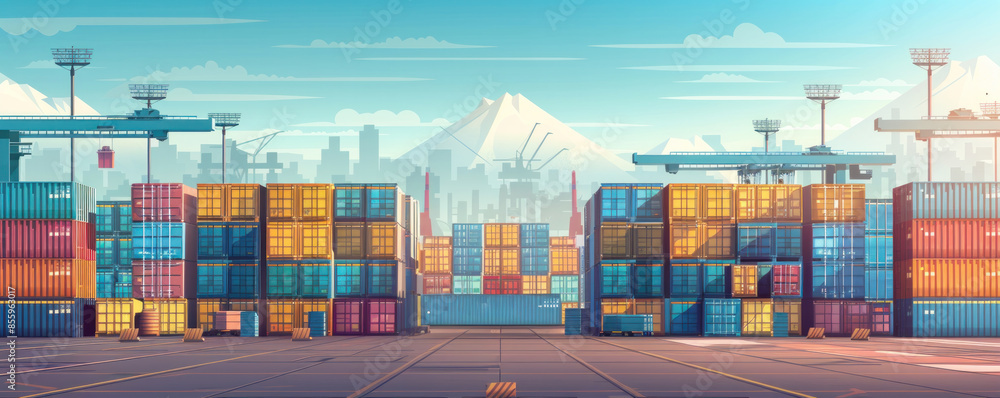 Poster a city with a mountain in the background and a large container yard. the containers are in various c