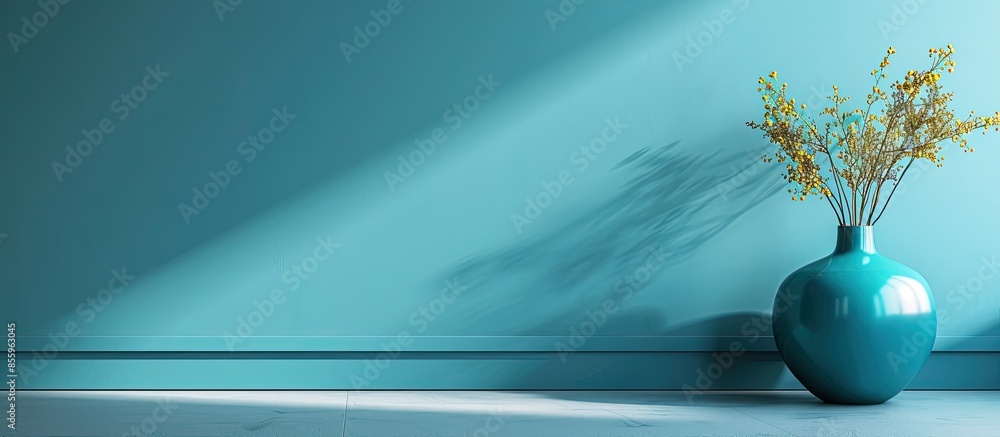Poster modern workplace with vase near color wall. copy space image. place for adding text and design