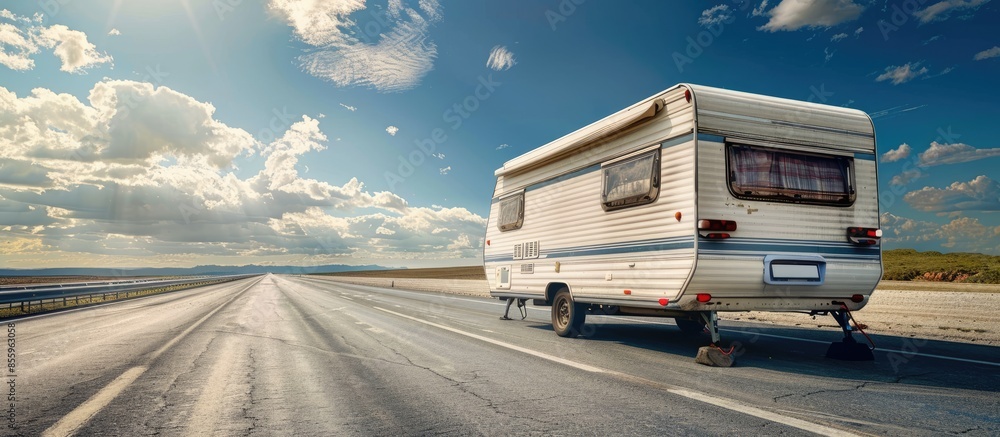 Aufkleber caravan trailer on a freeway road. copy space image. place for adding text and design