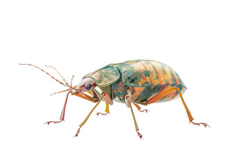 Close-up of a colorful beetle, showcasing its vibrant exoskeleton and intricate details against a white background.