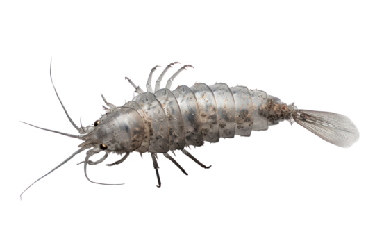 Close-up image of a small marine crustacean isolated on a white background, showcasing its detailed structure and natural coloration.