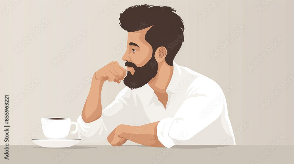 Poster a man with a beard is sitting at a table with a cup in front of him. he is deep in thought, possibly