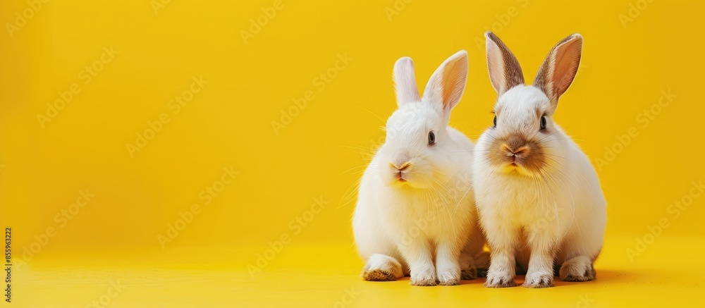 Poster two cute rabbits on a bright yellow background in a bow. funny animal. copy space image. place for a