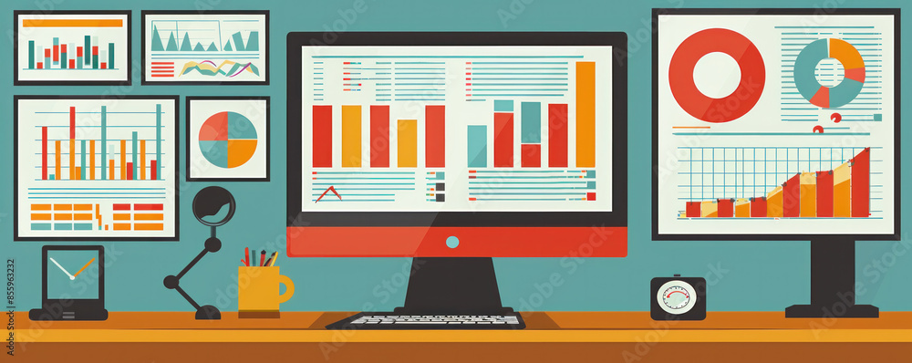 Poster a computer monitor displays a number of graphs and charts. the computer is on a desk with a keyboard