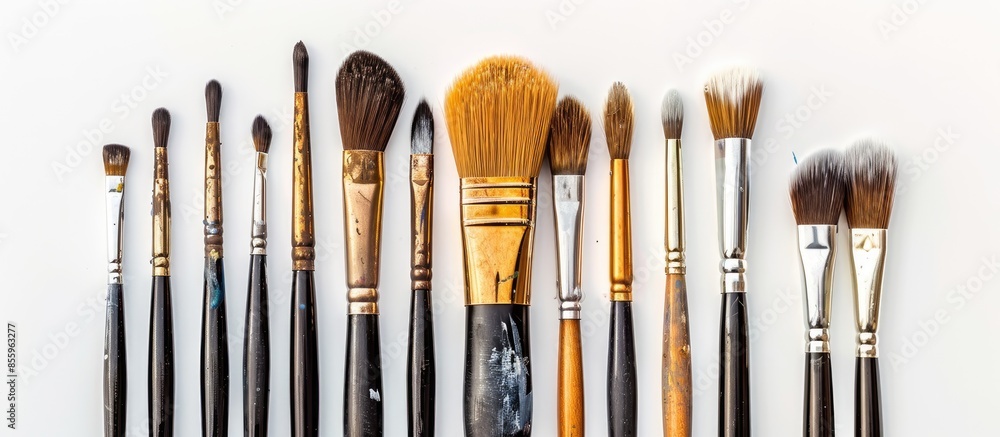 Poster top view of working brushes for professional house painter, photographed on white background. copy s