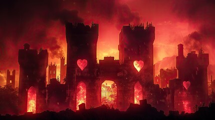 Fototapeta premium A watercolor silhouette paints a picture of fantasy, featuring a red and pink hearts castle, a fortress of love and passion 8K , high-resolution, 